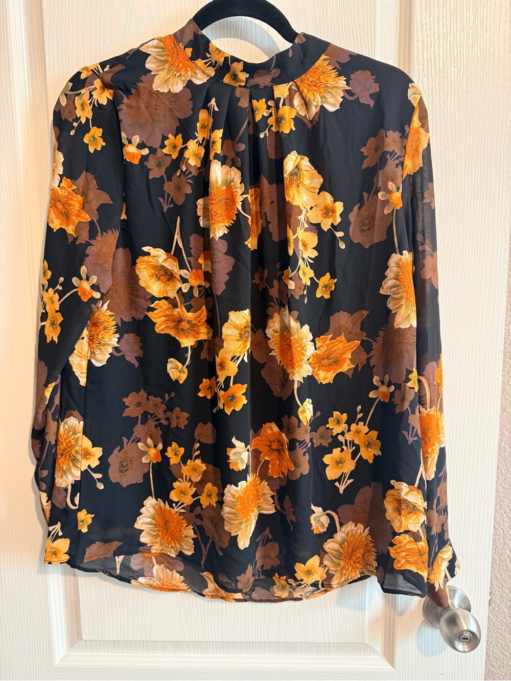 Women's Black Floral Long-Sleeve Blouse with Yellow & Brown Blooms